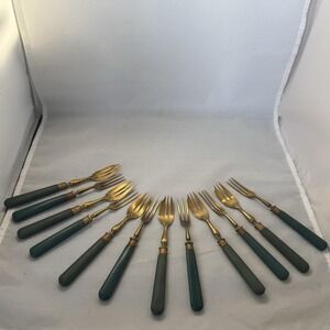 Vtg Brass Dessert/Fruit/Fish Forks Bakelite Handles Turquoise/Blue With Cases